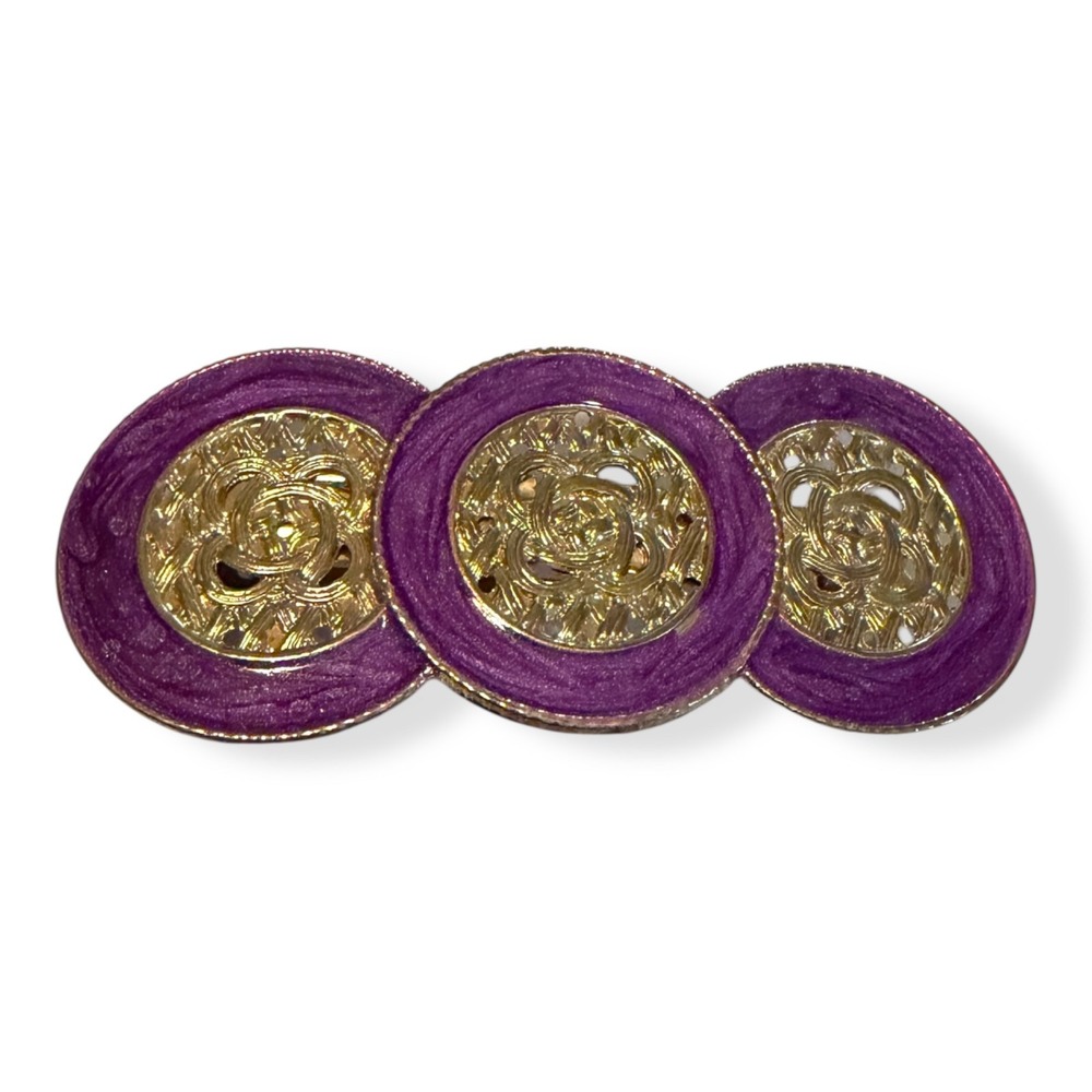 VTG Hair Clip Purple Enamel Gold-colored Filigree Floral pattern 3 Circular Desi